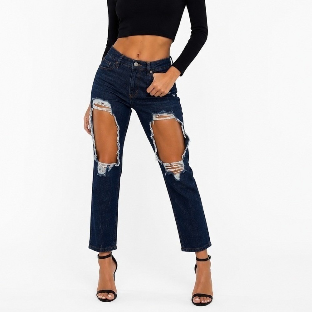 NWT Parisian Distressed Solid Mom Jeans Dark Blue Edgy High Rise Size 10